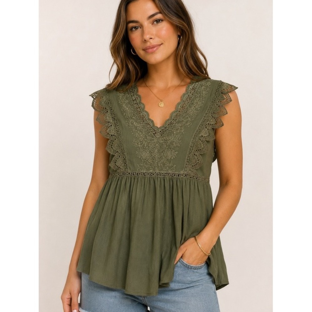 ADIVA. Olive green, V-neck, crochet, embroidered sleeveless Top. Sz-S.‎